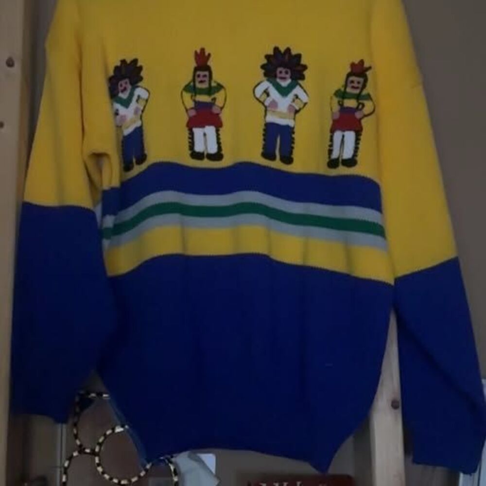 Yellow Blue Embroidered Figures Sweater
